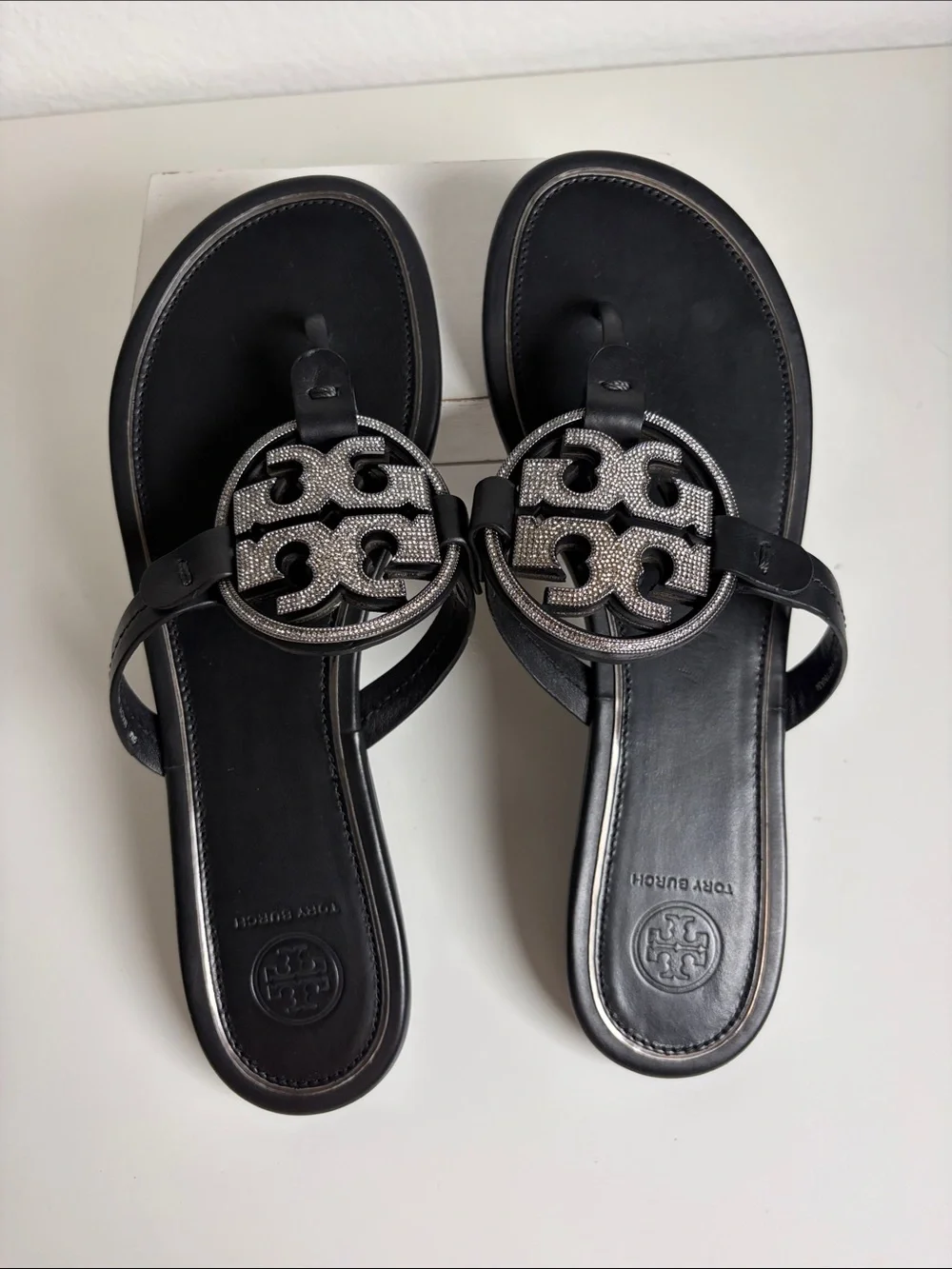 Tory Burch Miller Crystal Logo Flip Flop Black Size 9